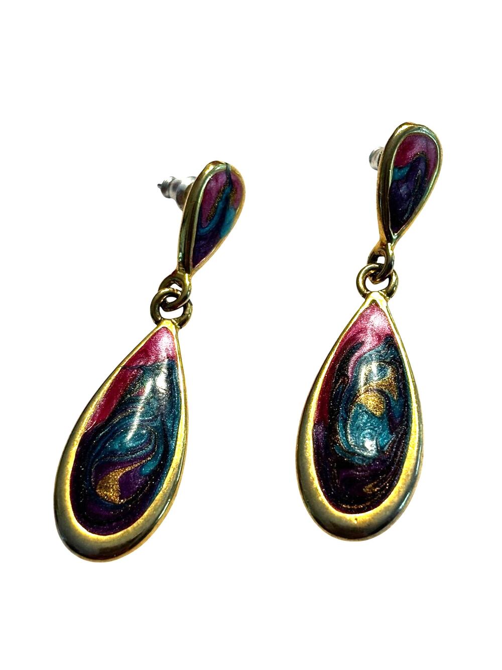 Vintage 80s pierced earrings drop dangle teardrops gold multicolor enamel finish